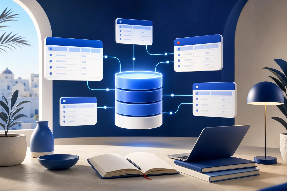 Illustration abstraite d’un espace d’apprentissage SQL avec des tables reliées